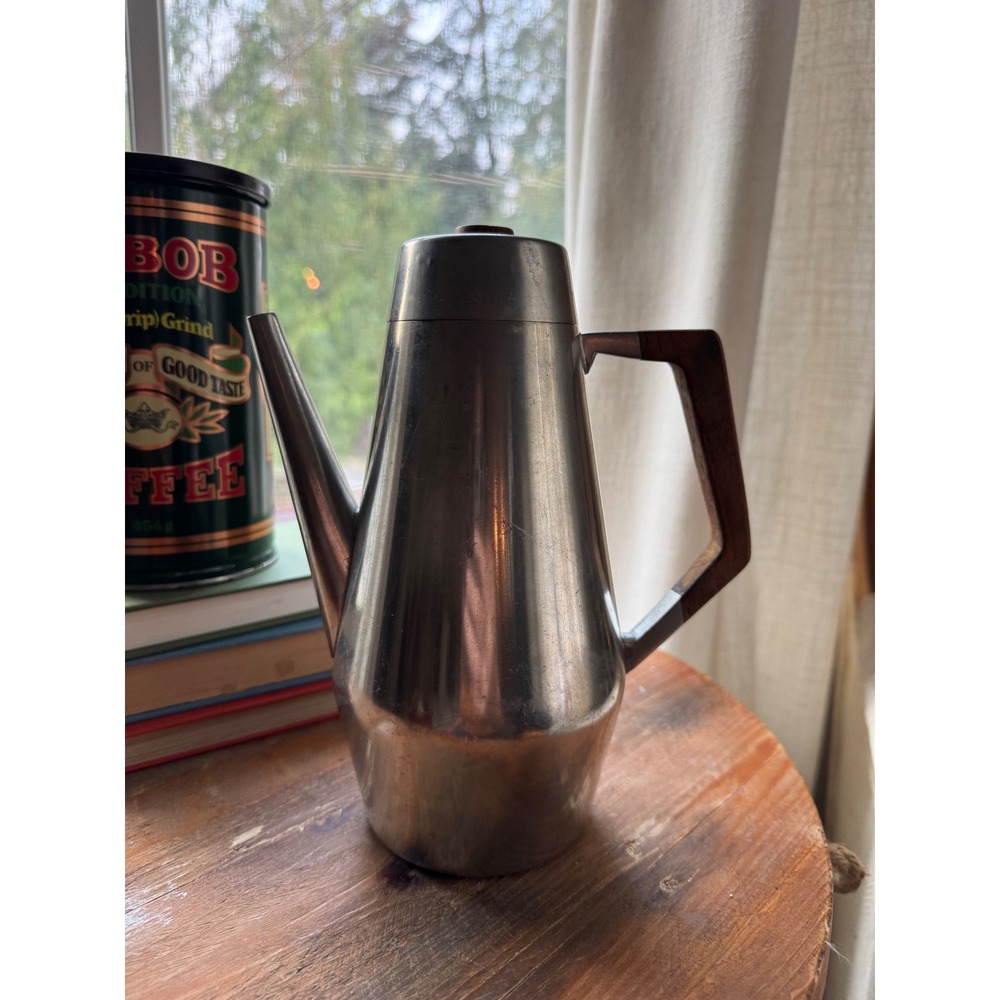 Vintage MCM Stainless Steel Coffee Carafe Wood Handle Mid Century Modern Server